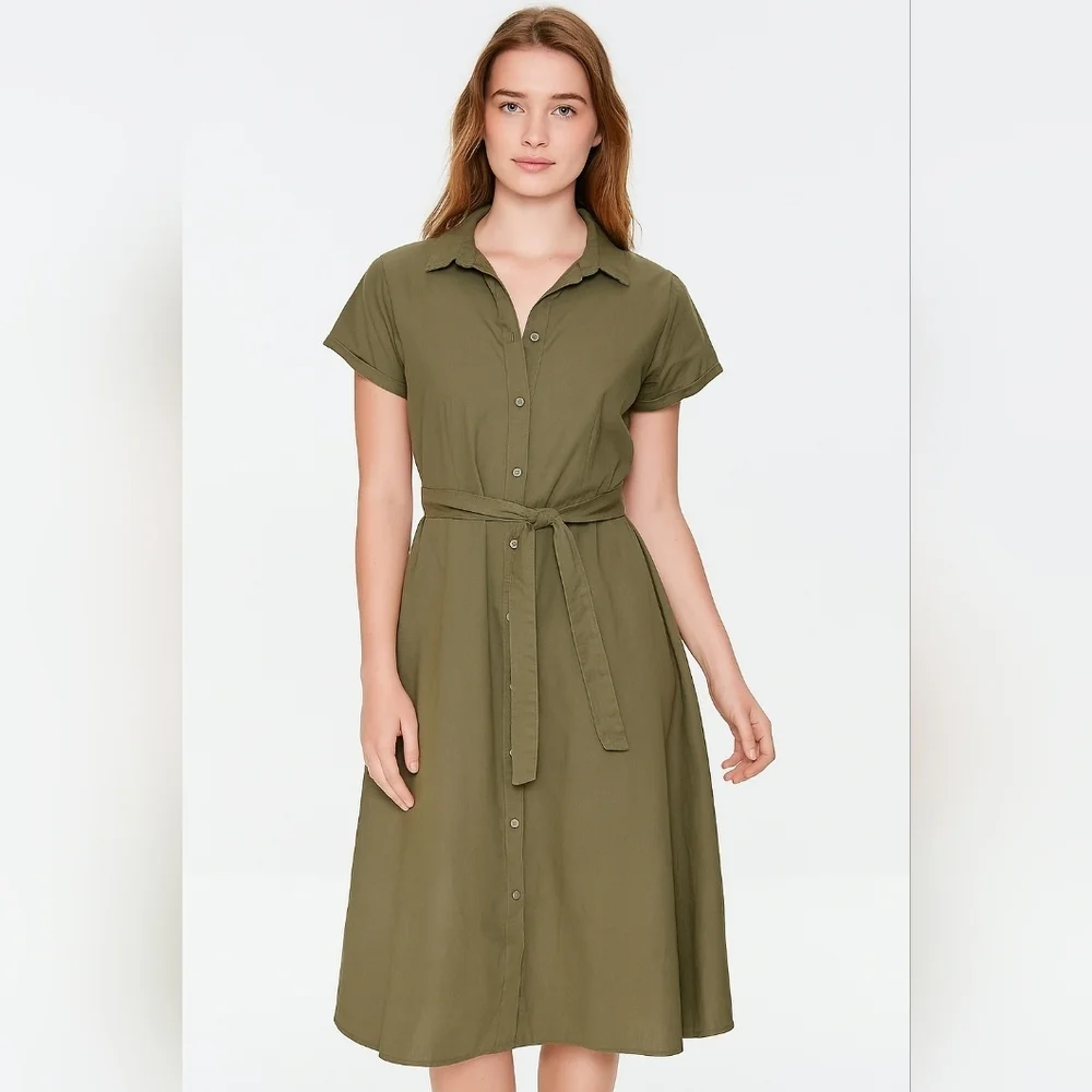 JDY green trench coat dress belted collared lagenlook Military size 36 - Picture 1 of 13